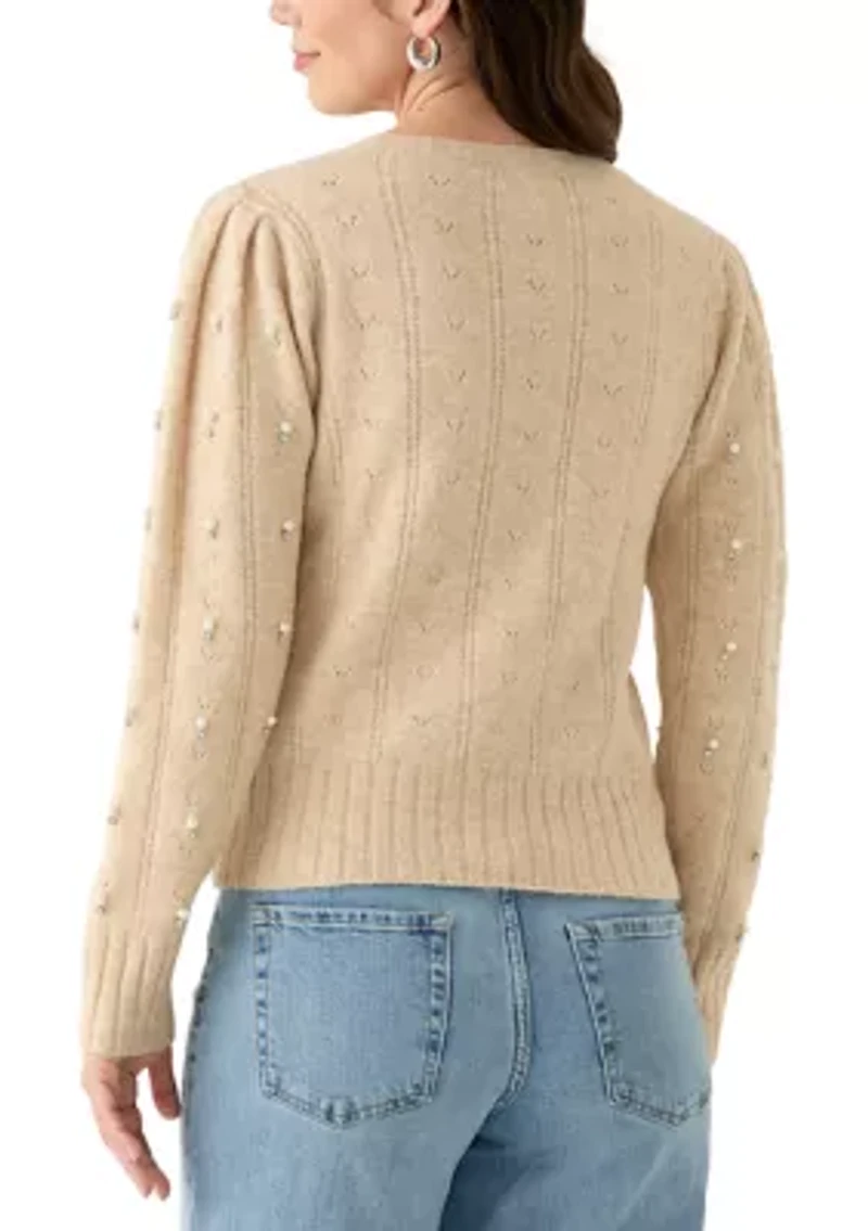 Women's Long Sleeve Pearl Embellished Cable Knit Sweater