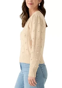 Women's Long Sleeve Pearl Embellished Cable Knit Sweater