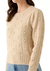 Women's Long Sleeve Pearl Embellished Cable Knit Sweater