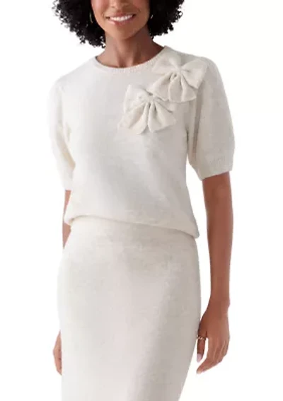 Women's Puff Short Sleeve Floral Sweater