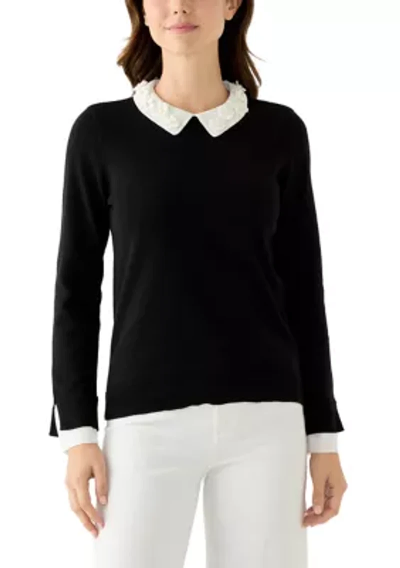 Women's Long Sleeve Woven Collar Cuffed Sweater