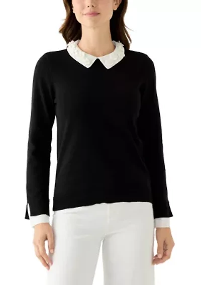 Women's Long Sleeve Woven Collar Cuffed Sweater