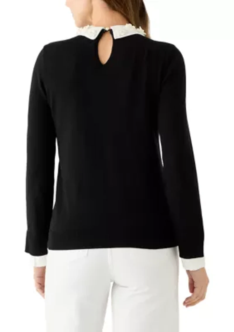 Women's Long Sleeve Woven Collar Cuffed Sweater
