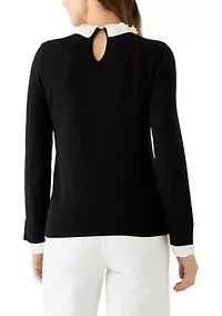 Women's Long Sleeve Woven Collar Cuffed Sweater