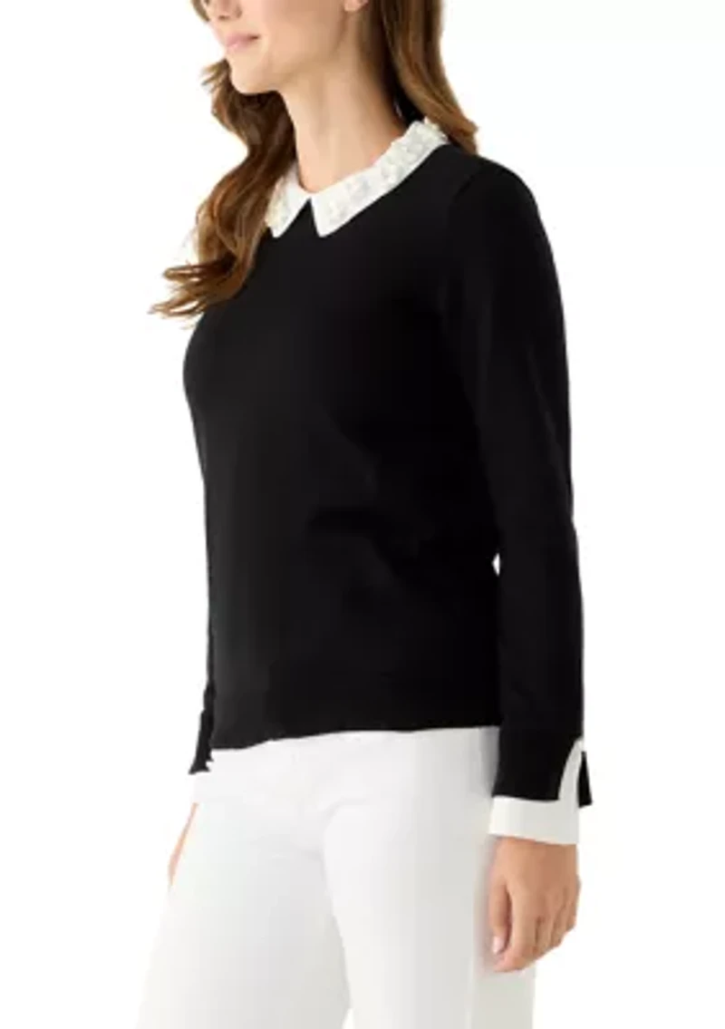 Women's Long Sleeve Woven Collar Cuffed Sweater