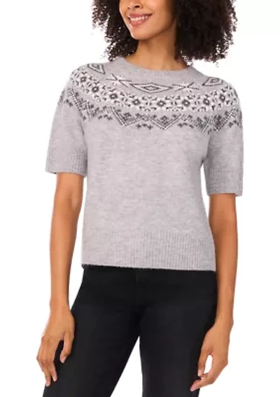 Women's Short Sleeve Fairisle Embroidered Sweater