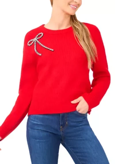 Women's Long Sleeve Bow Appliqué Sweater