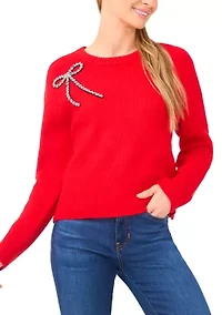 Women's Long Sleeve Bow Appliqué Sweater