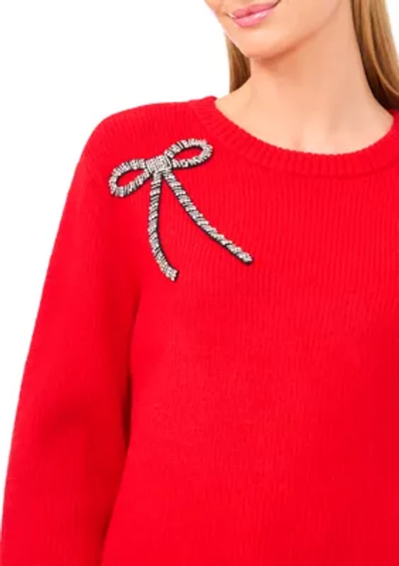 Women's Long Sleeve Bow Appliqué Sweater