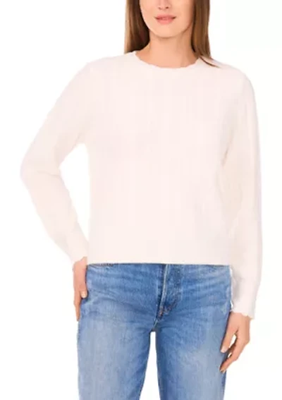 Women's Long Sleeve Scallop Trim Cable Knit Sweater