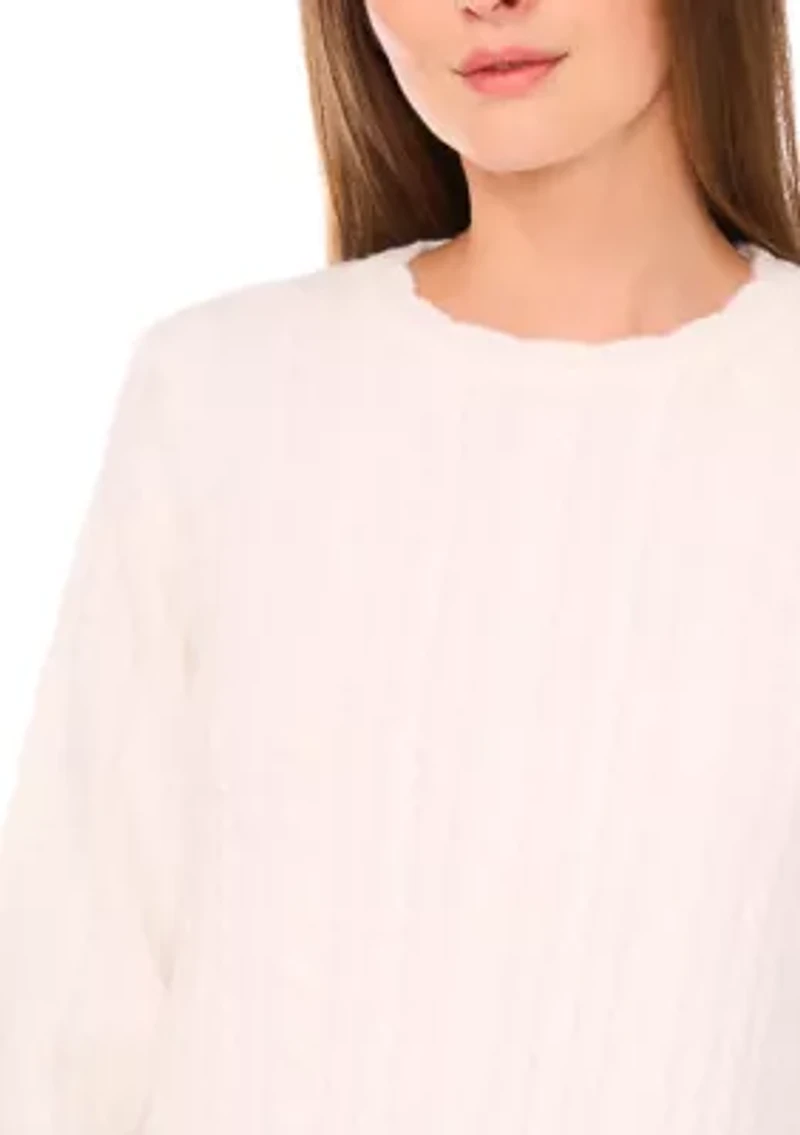 Women's Long Sleeve Scallop Trim Cable Knit Sweater
