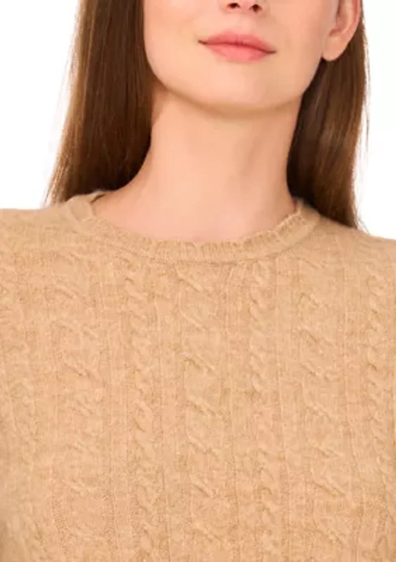 Women's Long Sleeve Scallop Trim Cable Knit Sweater