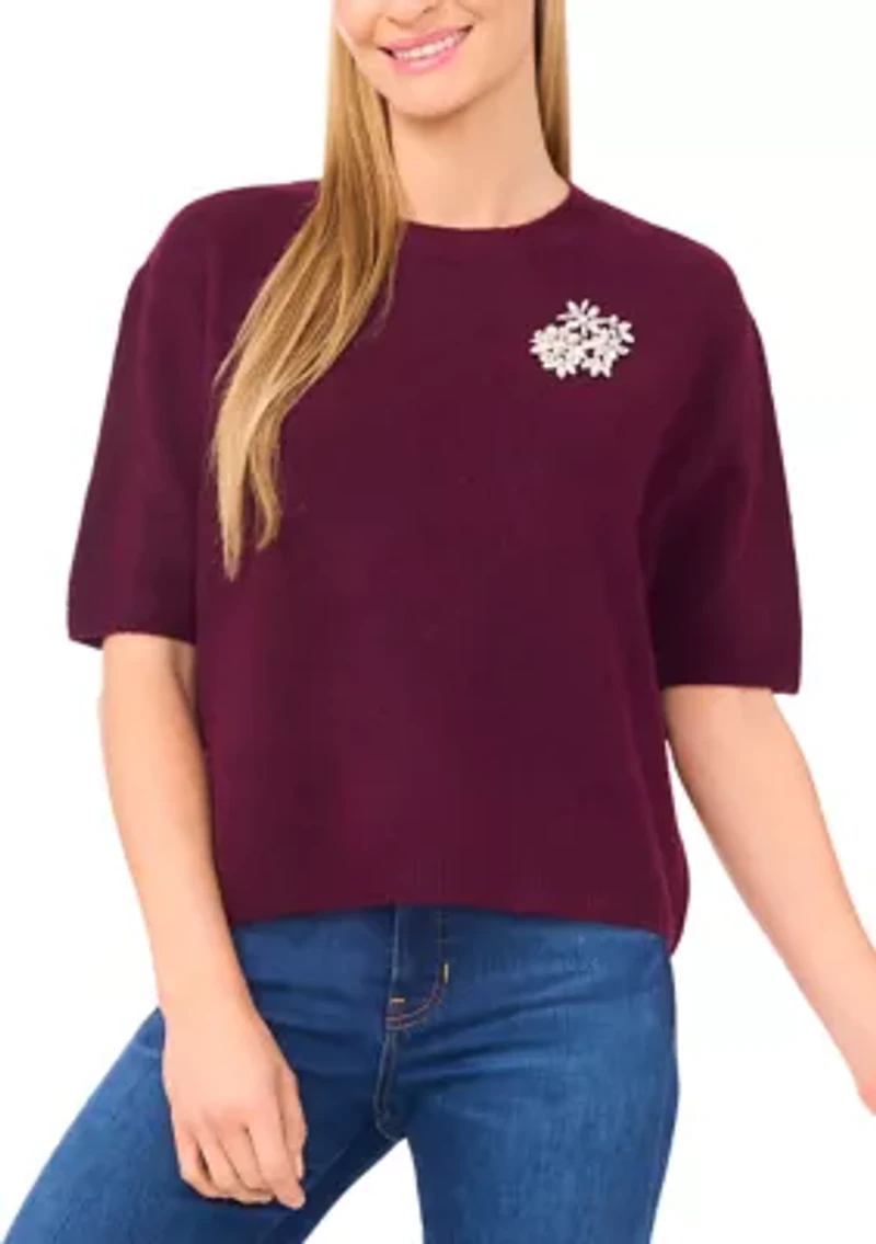 Women's Elbow Sleeve Rhinestone Pin Sweater