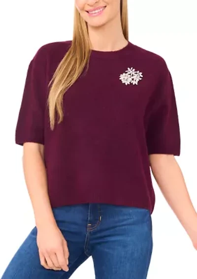 Women's Elbow Sleeve Rhinestone Pin Sweater