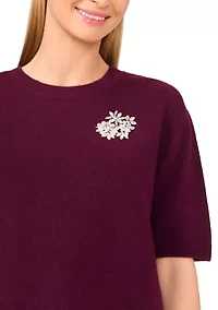 Women's Elbow Sleeve Rhinestone Pin Sweater