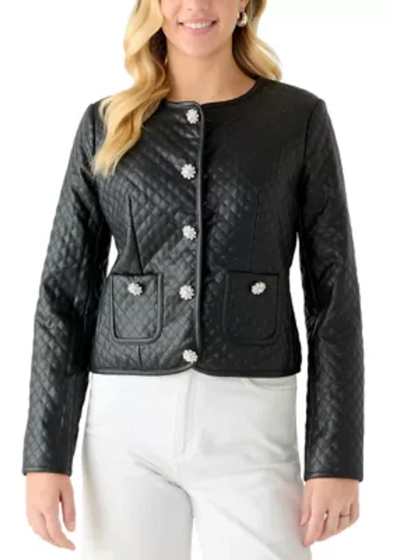 Women's Button Front Quilted Vegan Leather Jacket
