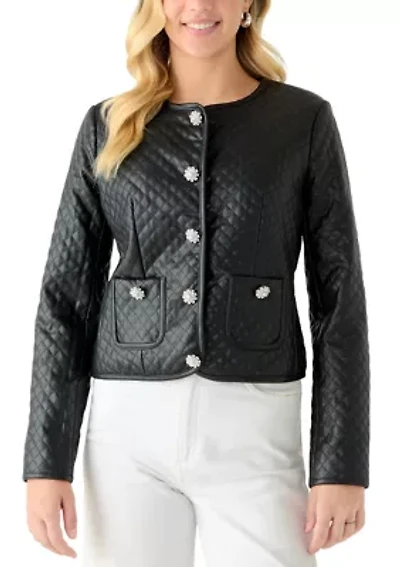 Women's Button Front Quilted Vegan Leather Jacket