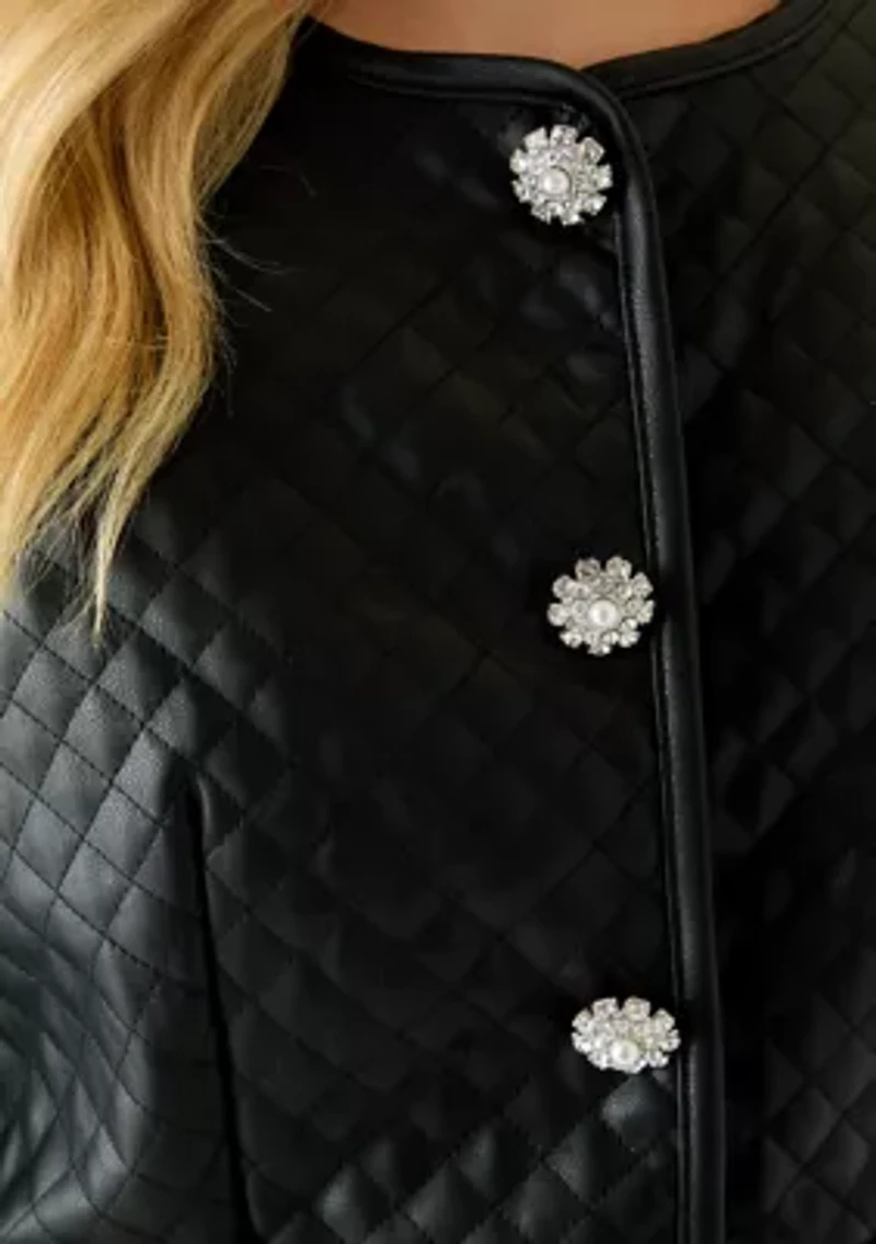 Women's Button Front Quilted Vegan Leather Jacket