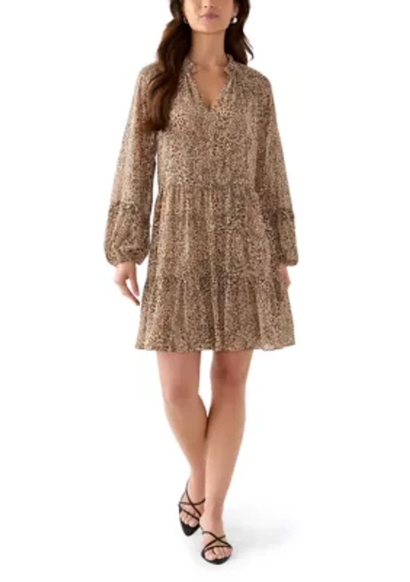 Women's 3/4 Sleeve Animal Print Dune Tiered Babydoll Dress