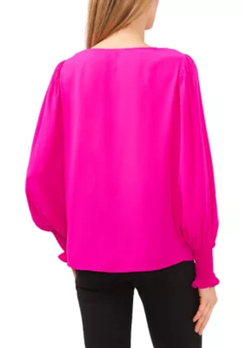 Women's V-Neck Blouse with Smocking Cuffs