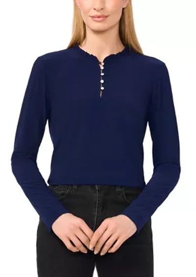 Women's Ruffle Henley Long Sleeve Knit Top