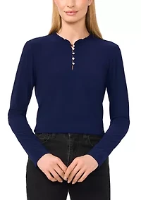 Women's Ruffle Henley Long Sleeve Knit Top