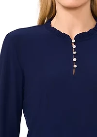 Women's Ruffle Henley Long Sleeve Knit Top