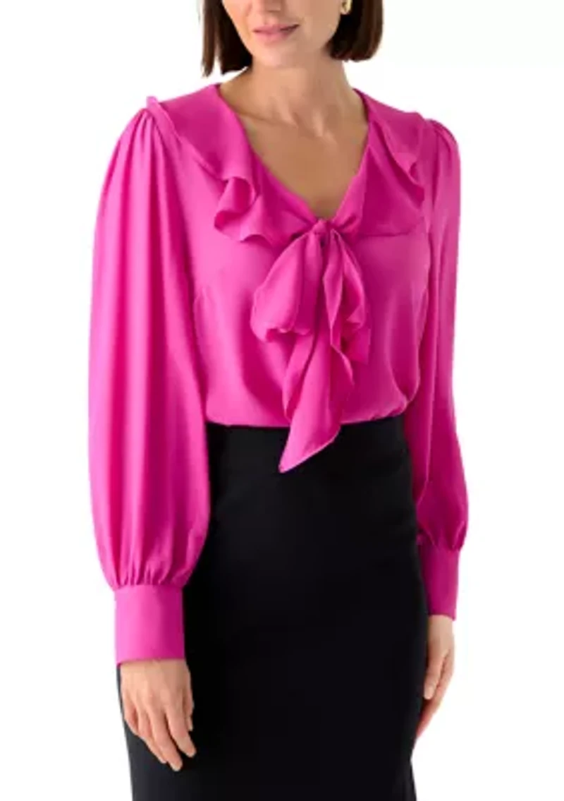 Women's Long Sleeve V-Neck Ruffle Bow Blouse