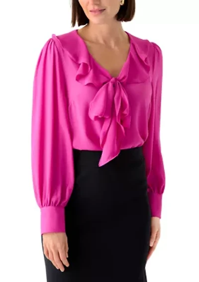 Women's Long Sleeve V-Neck Ruffle Bow Blouse