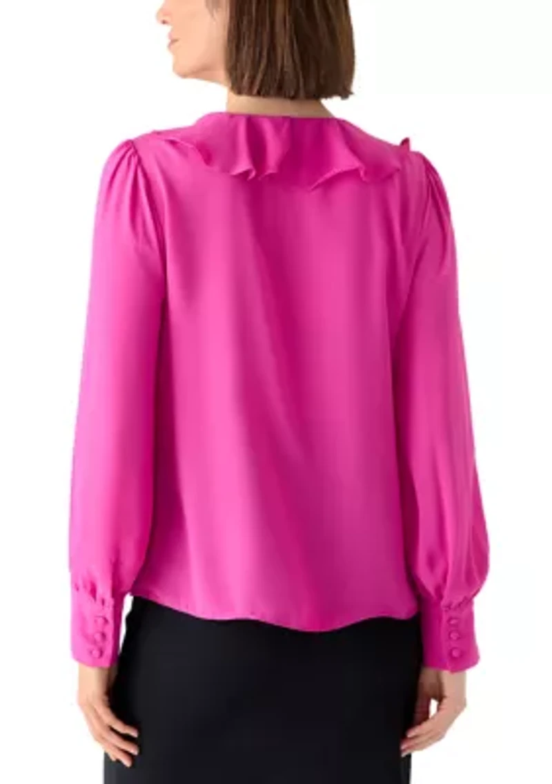 Women's Long Sleeve V-Neck Ruffle Bow Blouse