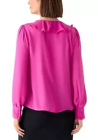 Women's Long Sleeve V-Neck Ruffle Bow Blouse