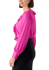 Women's Long Sleeve V-Neck Ruffle Bow Blouse