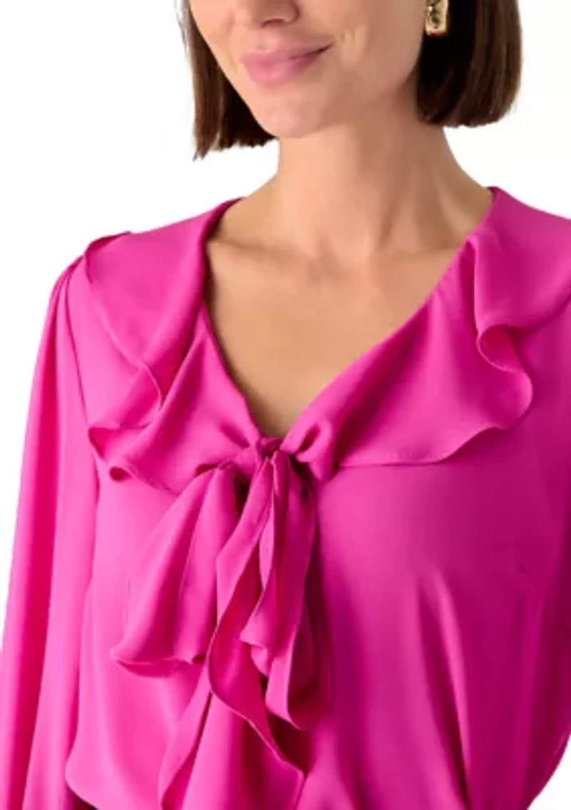 Women's Long Sleeve V-Neck Ruffle Bow Blouse