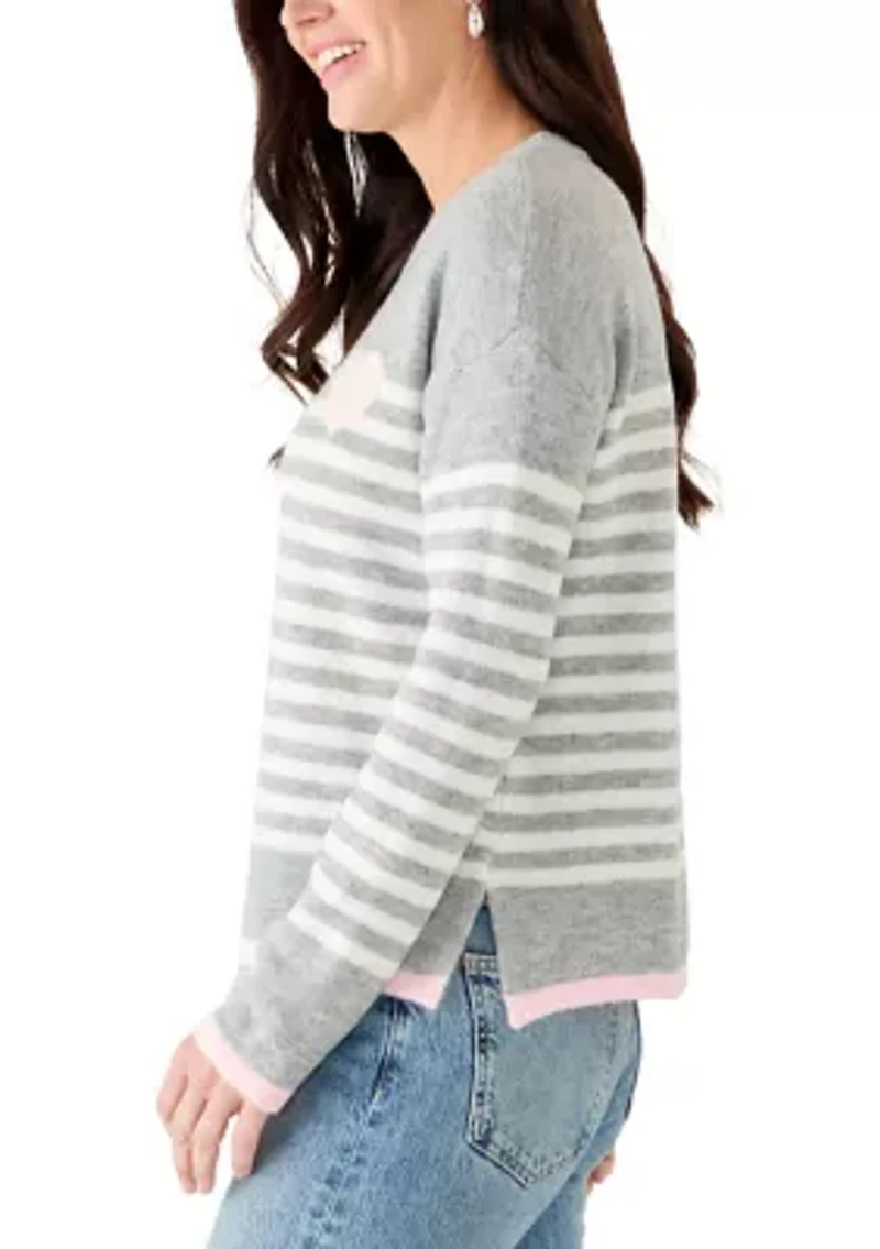 Women's Striped Heart Crew Neck Sweater