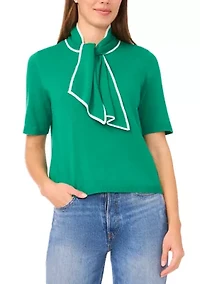 Women's Elbow Sleeve Tie Neck Sweater