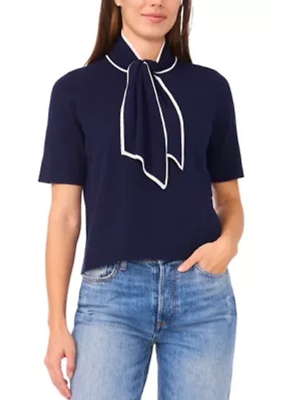 Women's Elbow Sleeve Tie Neck Sweater