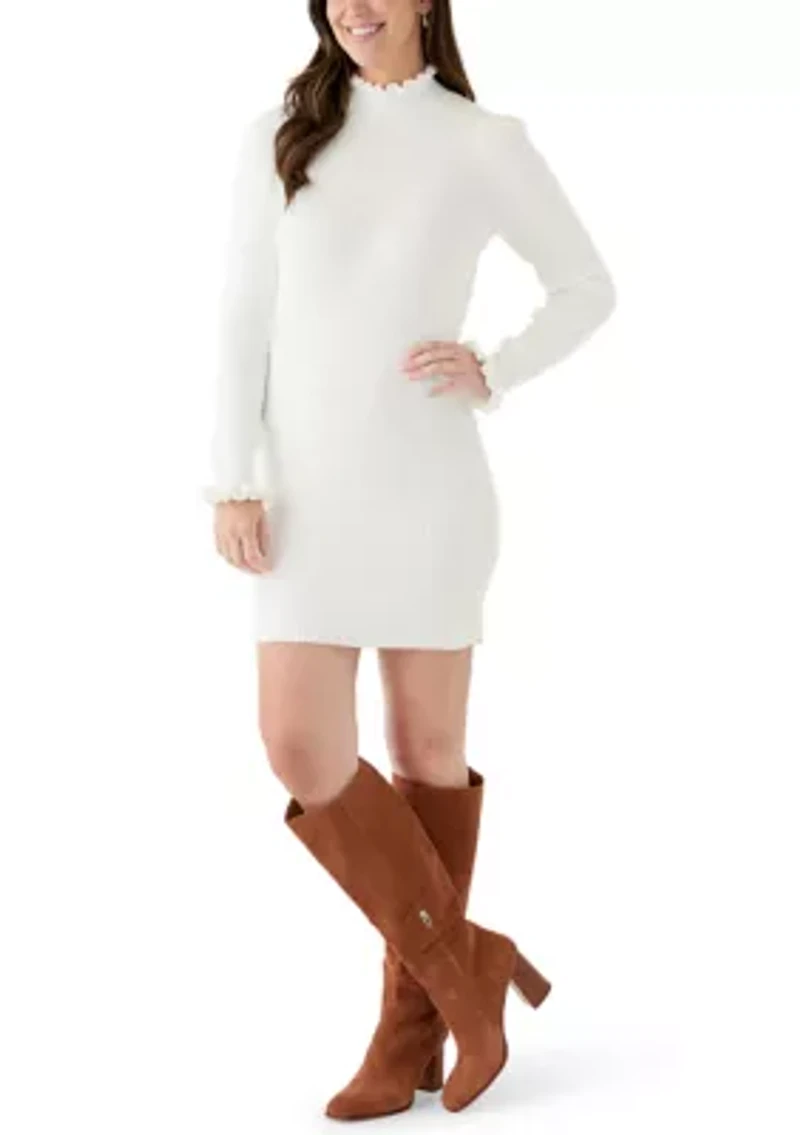 Women's Puff Sleeve Funnel Neck Ribbed Sweater Dress