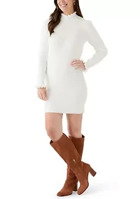 Women's Puff Sleeve Funnel Neck Ribbed Sweater Dress