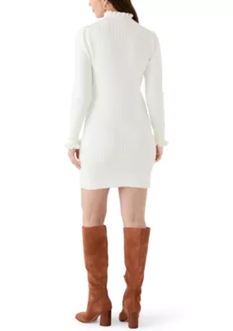 Women's Puff Sleeve Funnel Neck Ribbed Sweater Dress