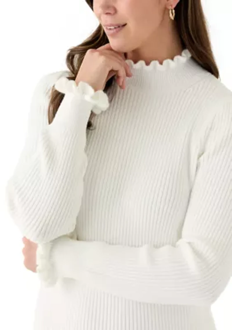 Women's Puff Sleeve Funnel Neck Ribbed Sweater Dress