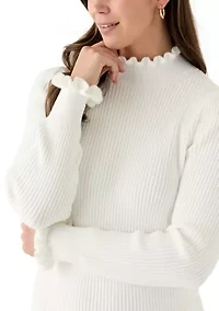 Women's Puff Sleeve Funnel Neck Ribbed Sweater Dress