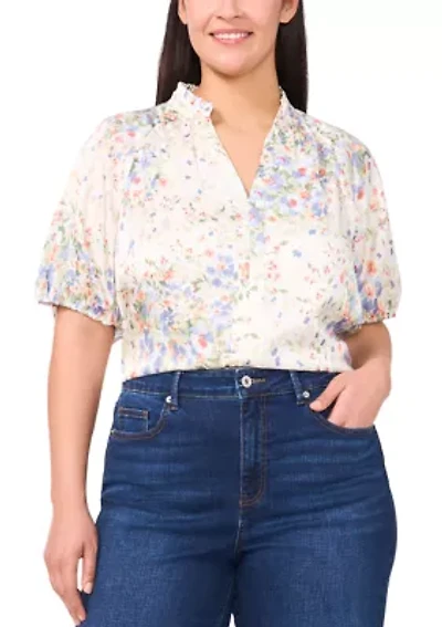 Plus Ruffle Split Neck Raglan Seam Blouse