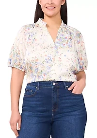 Plus Ruffle Split Neck Raglan Seam Blouse