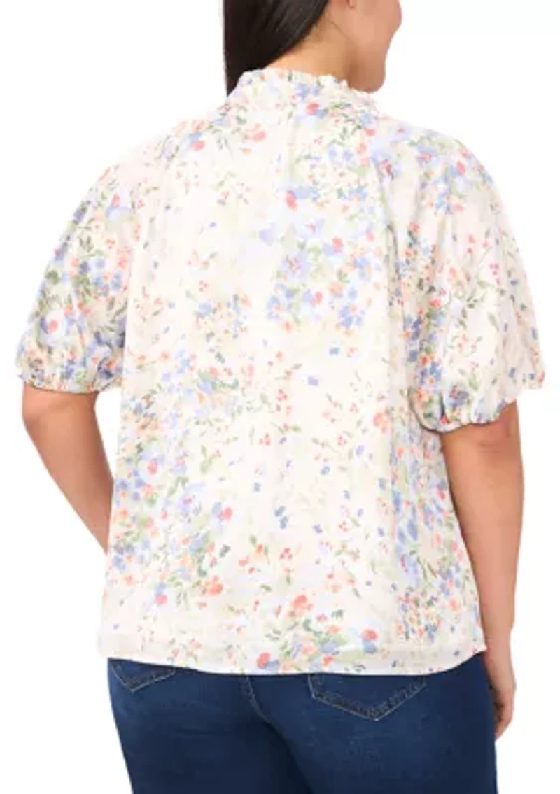Plus Ruffle Split Neck Raglan Seam Blouse