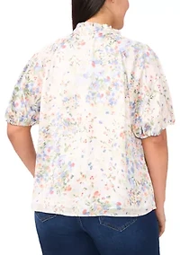 Plus Ruffle Split Neck Raglan Seam Blouse