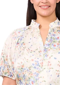 Plus Ruffle Split Neck Raglan Seam Blouse