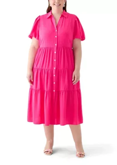 Plus Short Sleeve Tiered Maxi Shirtdress