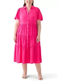 Plus Short Sleeve Tiered Maxi Shirtdress