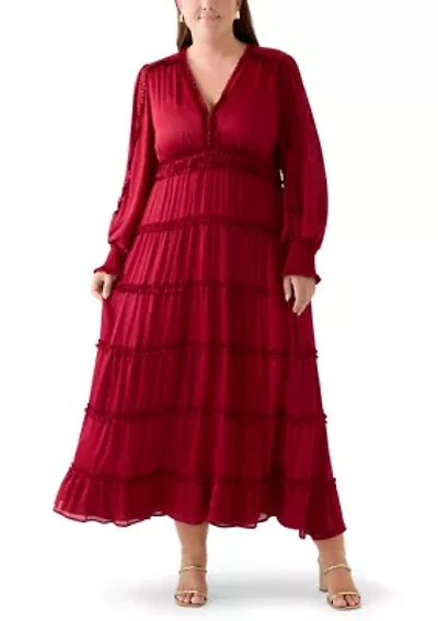 Plus Long Sleeve V-Neck Tiered Mulberry Red Maxi Dress