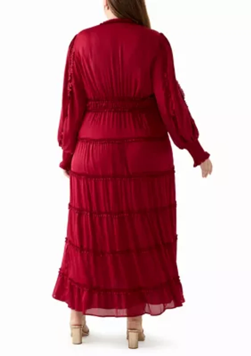 Plus Long Sleeve V-Neck Tiered Mulberry Red Maxi Dress